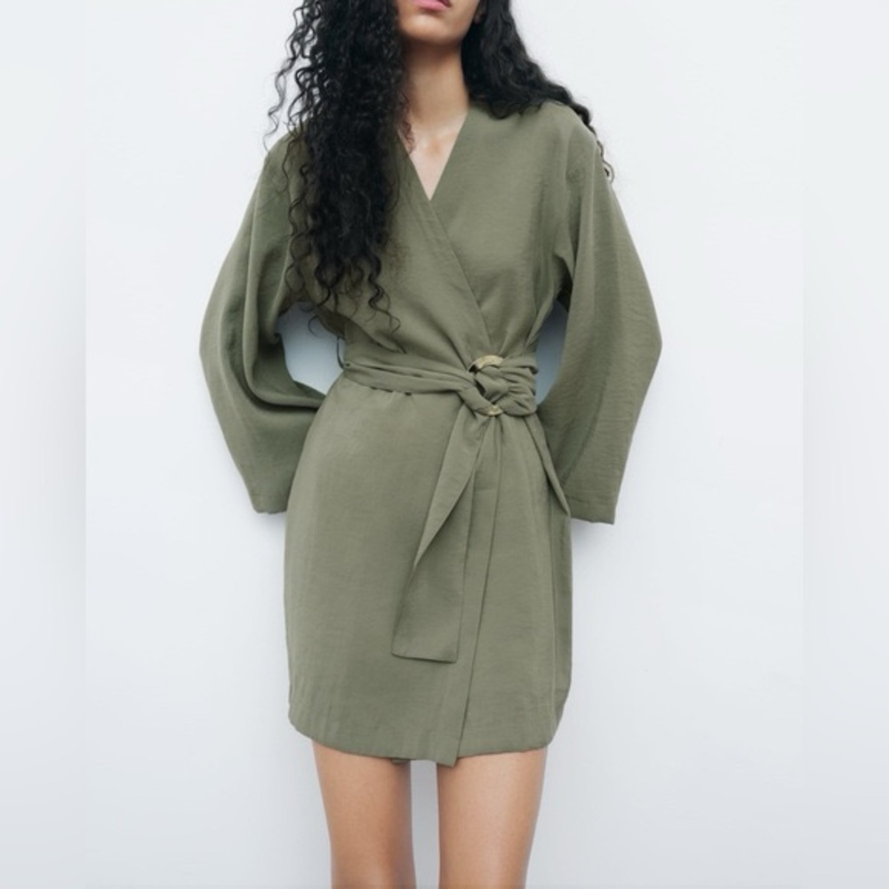 2/$30 Zara Olive Green Wrap Dolman Sleeve Mini Dress Size M #1688 - Picture 1 of 10